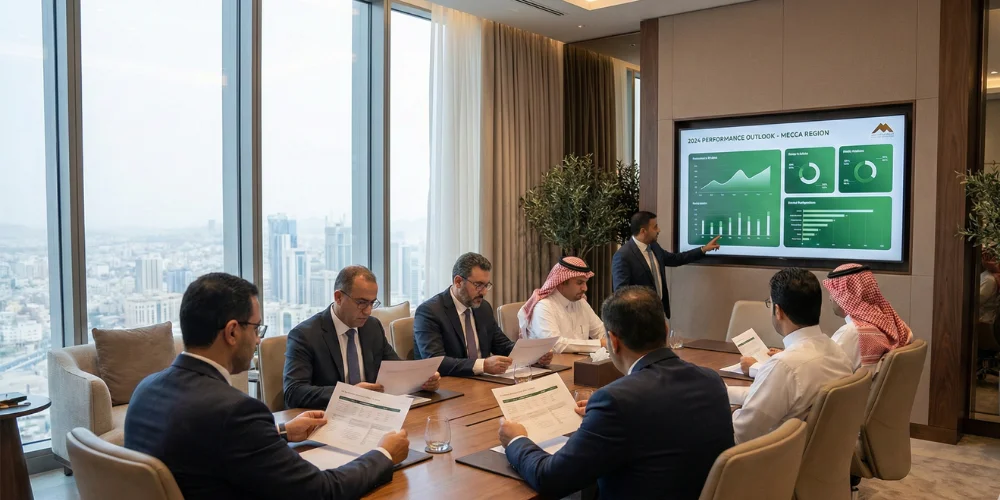 Business leaders evaluating digital marketing analytics provider in Mecca office