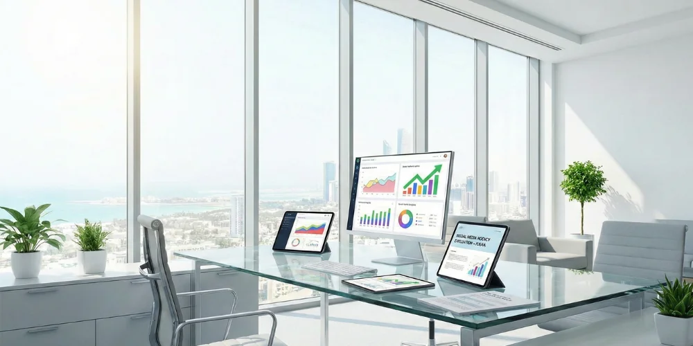 Business team evaluating social media marketing agency performance reports in Jubail