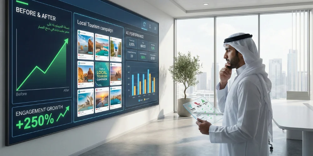 Business professionals in Yanbu comparing social media marketing strategies before selecting an agency
