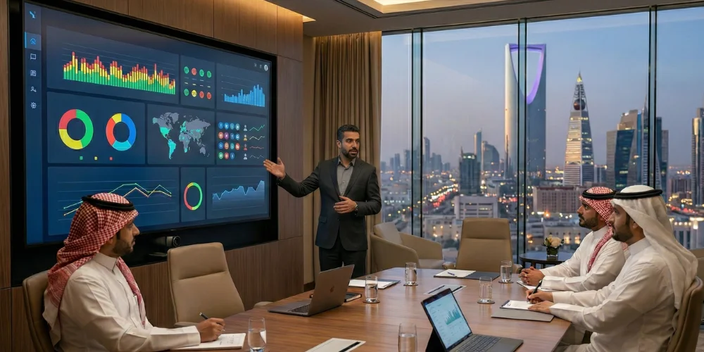 Saudi executives analyzing online brand reputation reports and sentiment analytics in modern boardroom