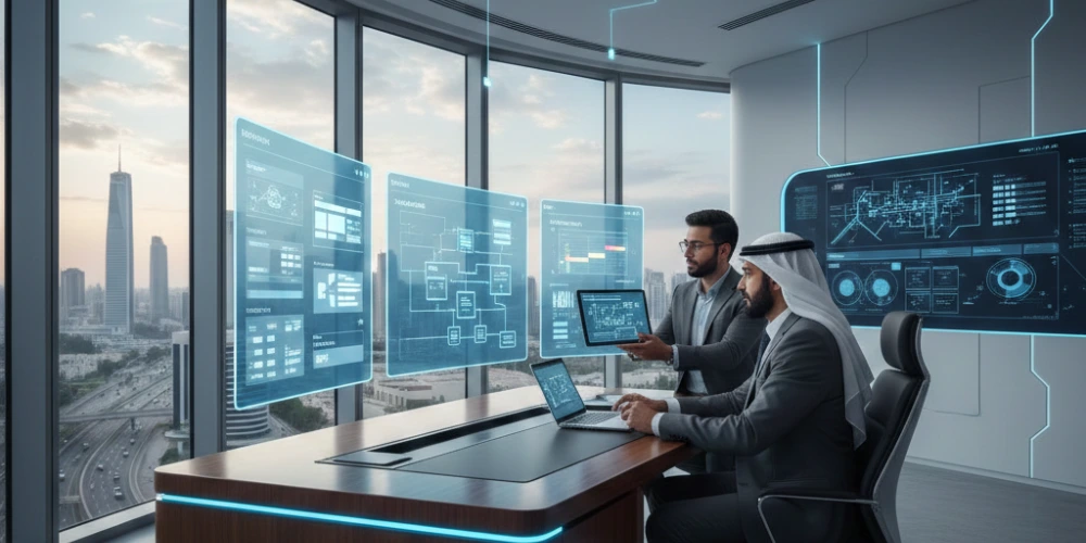 Saudi business professionals discussing web application development project selection
