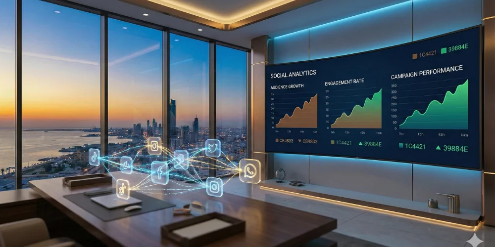 Social media marketing growth analytics dashboard representing business expansion in Khobar