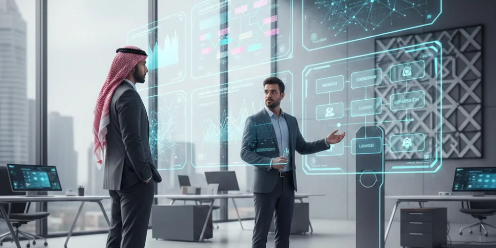 business owner discussing digital marketing strategy with agency in Tabuk