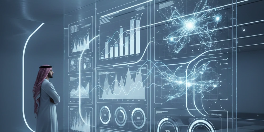 Saudi business team reviewing digital marketing analytics performance dashboard