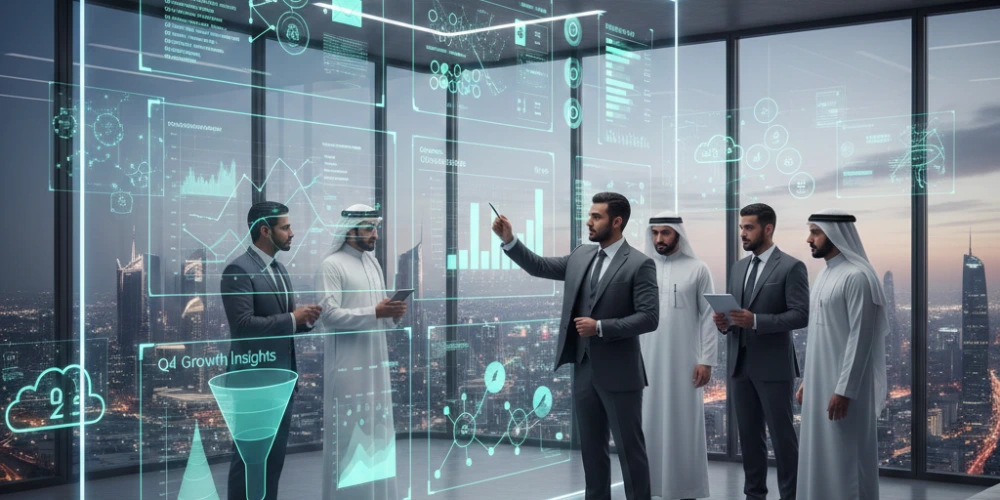 Saudi business team reviewing digital marketing analytics performance dashboard