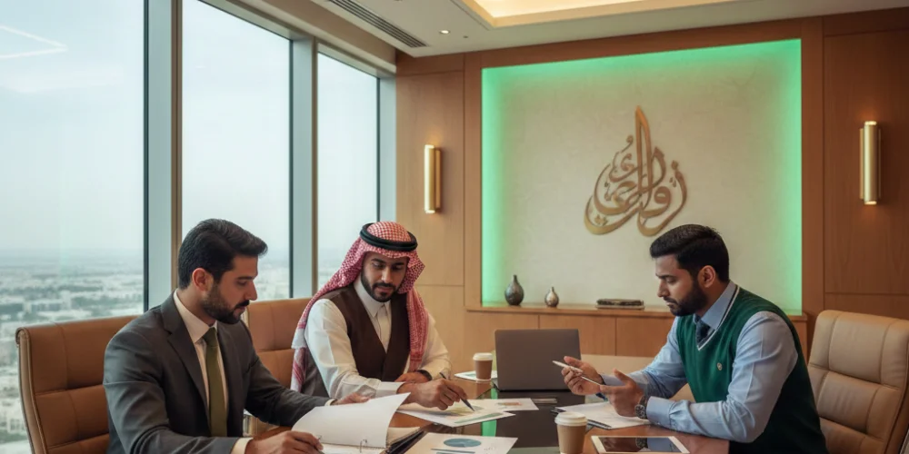 Business executives analyzing digital marketing analytics reports to improve ROI in a modern Dammam corporate office