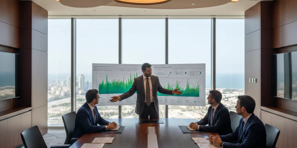 Marketing professionals analyzing digital marketing analytics performance data inside a modern Jeddah corporate office
