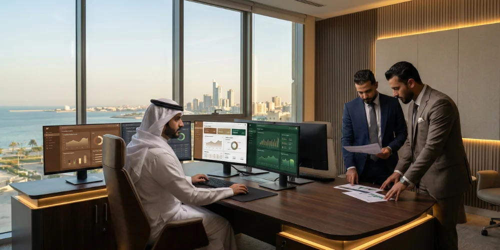 Corporate team analyzing digital marketing analytics performance reports in a modern Khobar business office