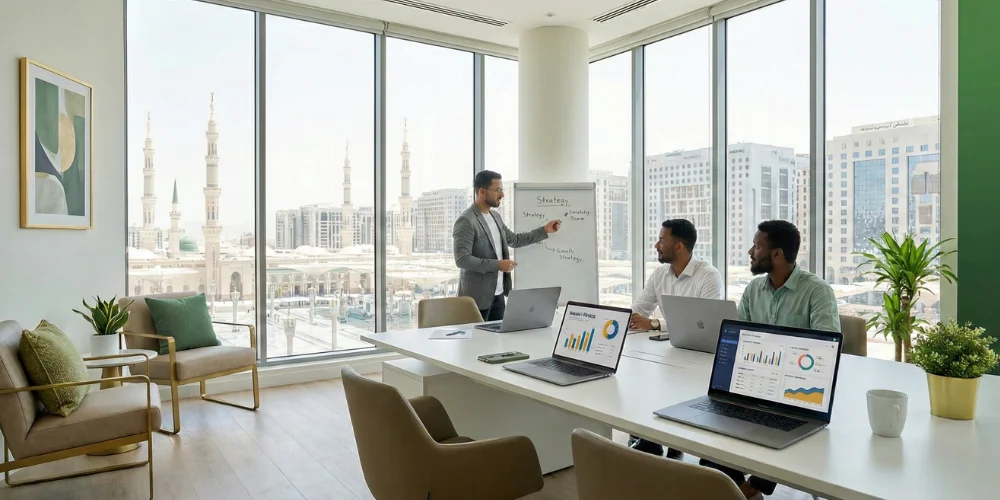 Marketing analysts reviewing digital campaign data in modern Medina office