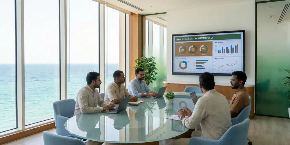 Marketing professionals reviewing digital marketing insights and analytics in Yanbu office