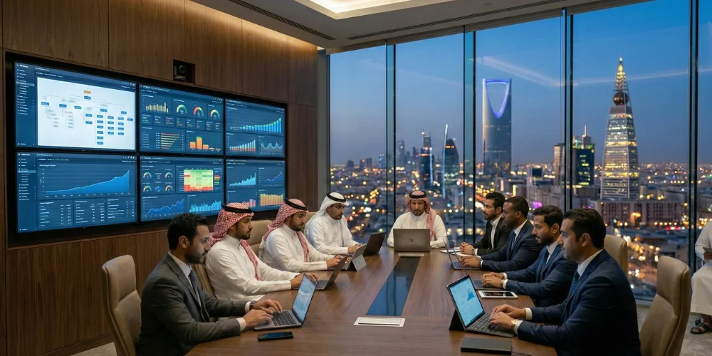 Corporate executives in Saudi Arabia evaluating enterprise SEO analytics across multiple large digital screens