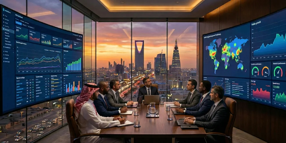 Corporate Saudi marketing team analyzing enterprise SEO dashboards and large-scale organic growth metrics