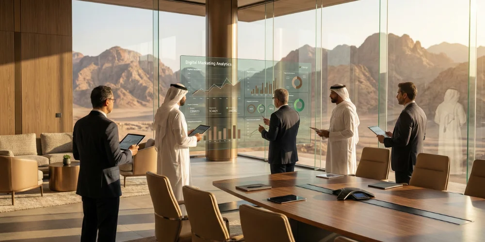 Executives in Tabuk reviewing digital marketing analytics reports before hiring consultants