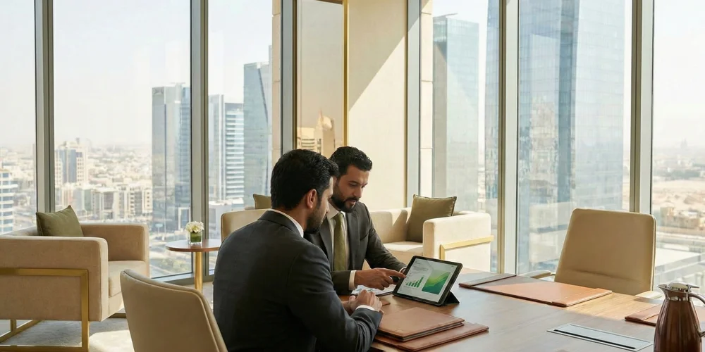 Riyadh business team discussing social media marketing agency proposal in office