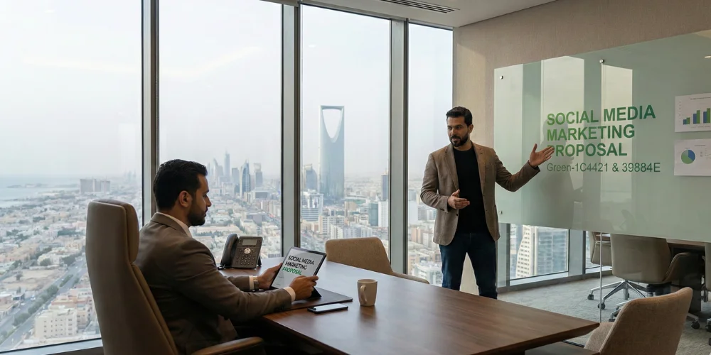 Business owner reviewing social media marketing agency proposal in Jeddah office