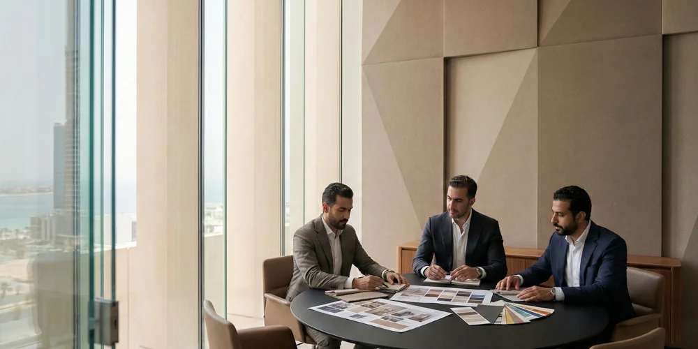 business professionals in Jeddah analyzing brand identity drafts in a contemporary office