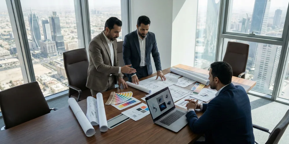 Riyadh business executives reviewing brand strategy documents and creative samples in a modern office