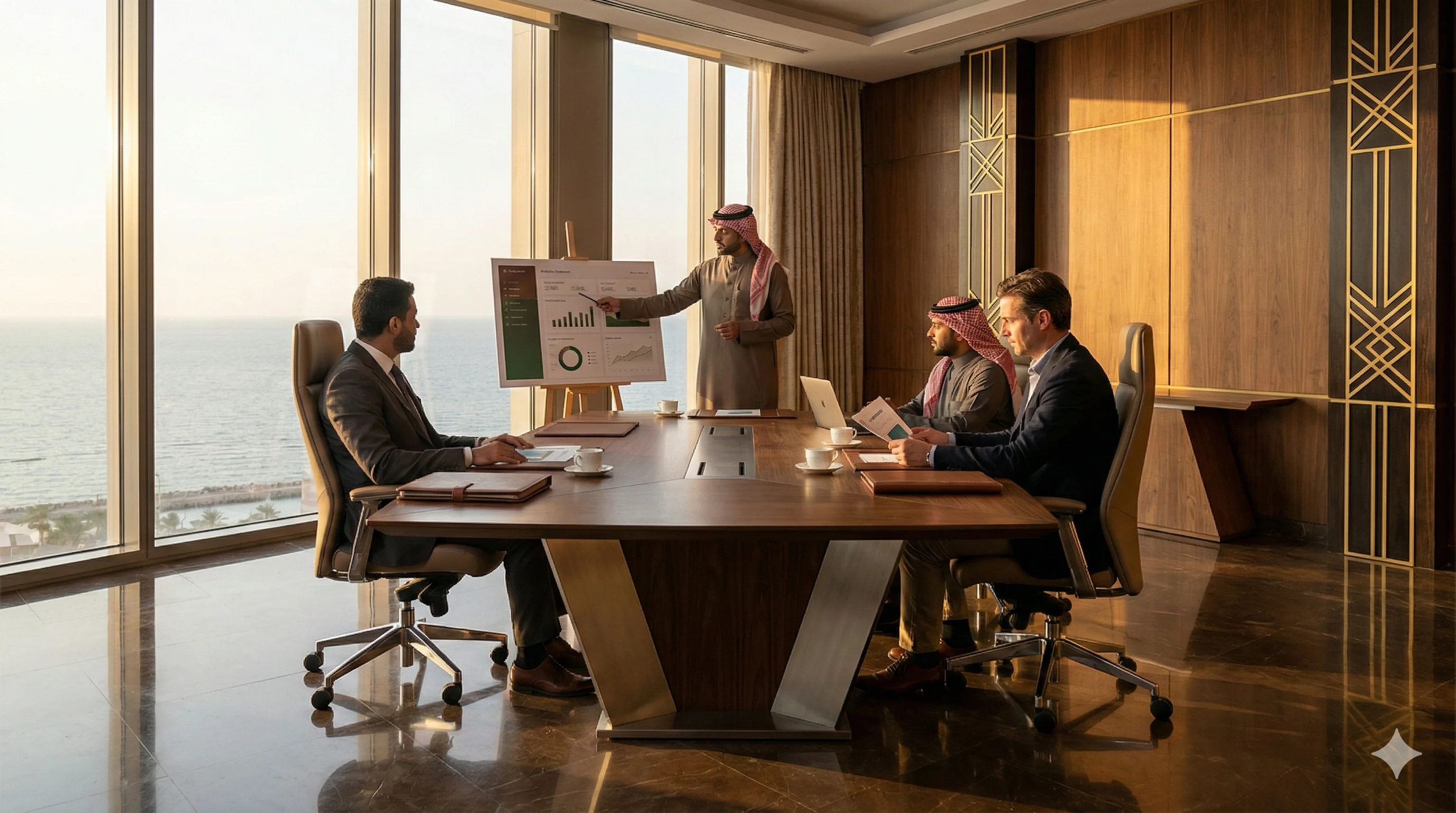 Senior executives reviewing digital marketing analytics performance reports in a modern Jeddah business office