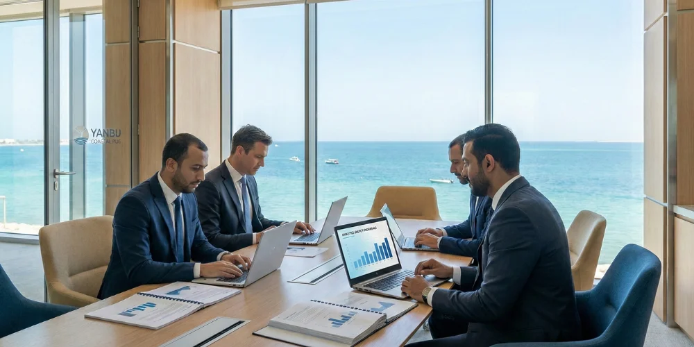 Business team in Yanbu reviewing proposals for digital marketing analytics services