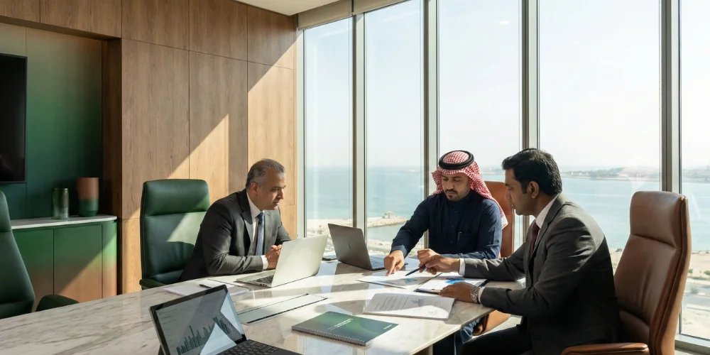 Business leaders reviewing digital marketing analytics reports before hiring analytics services in a Dammam corporate office