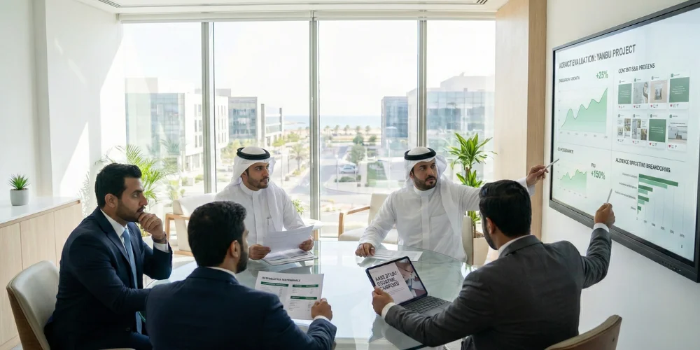 Business team analyzing social media marketing strategy and engagement metrics in Yanbu