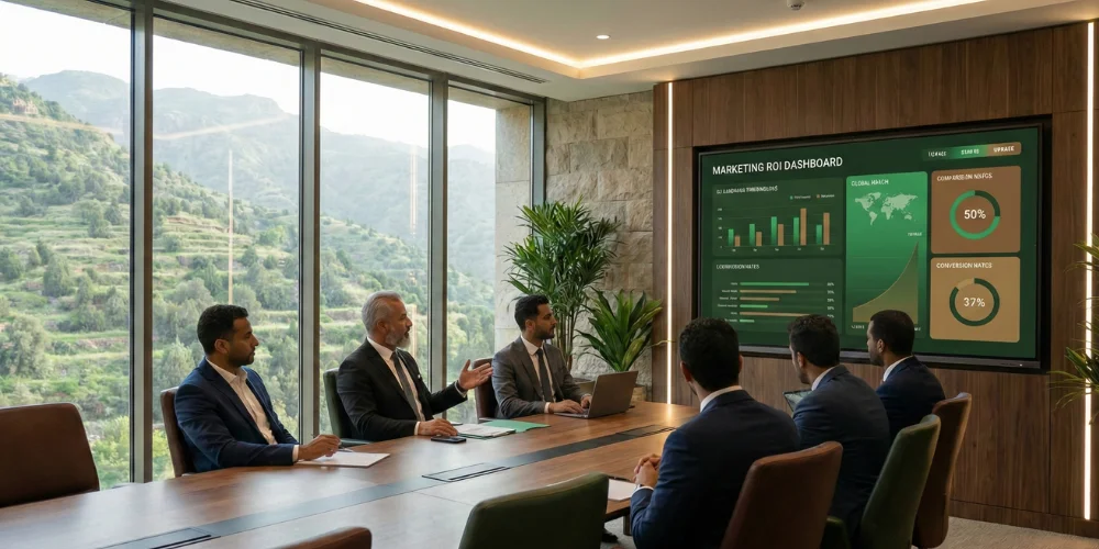 Abha business executives analyzing digital marketing ROI dashboard