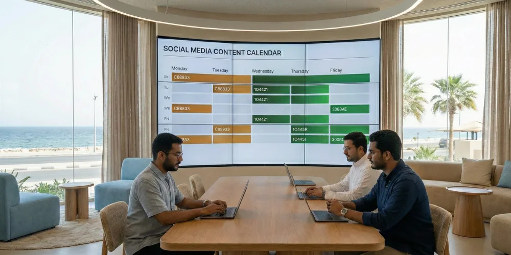 Jeddah marketing team planning social media campaign strategy in modern office