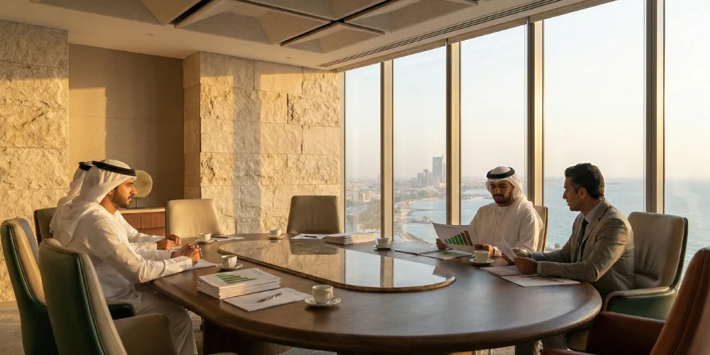 Business executives evaluating marketing analytics reports to improve ROI inside a modern Jeddah corporate workspace