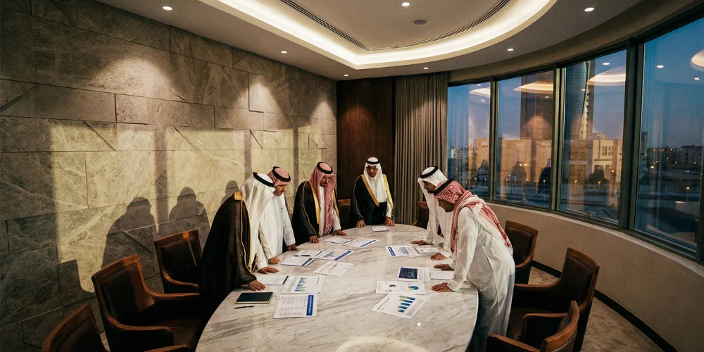 Business executives analyzing digital marketing analytics reports to improve ROI in a modern Khobar corporate office