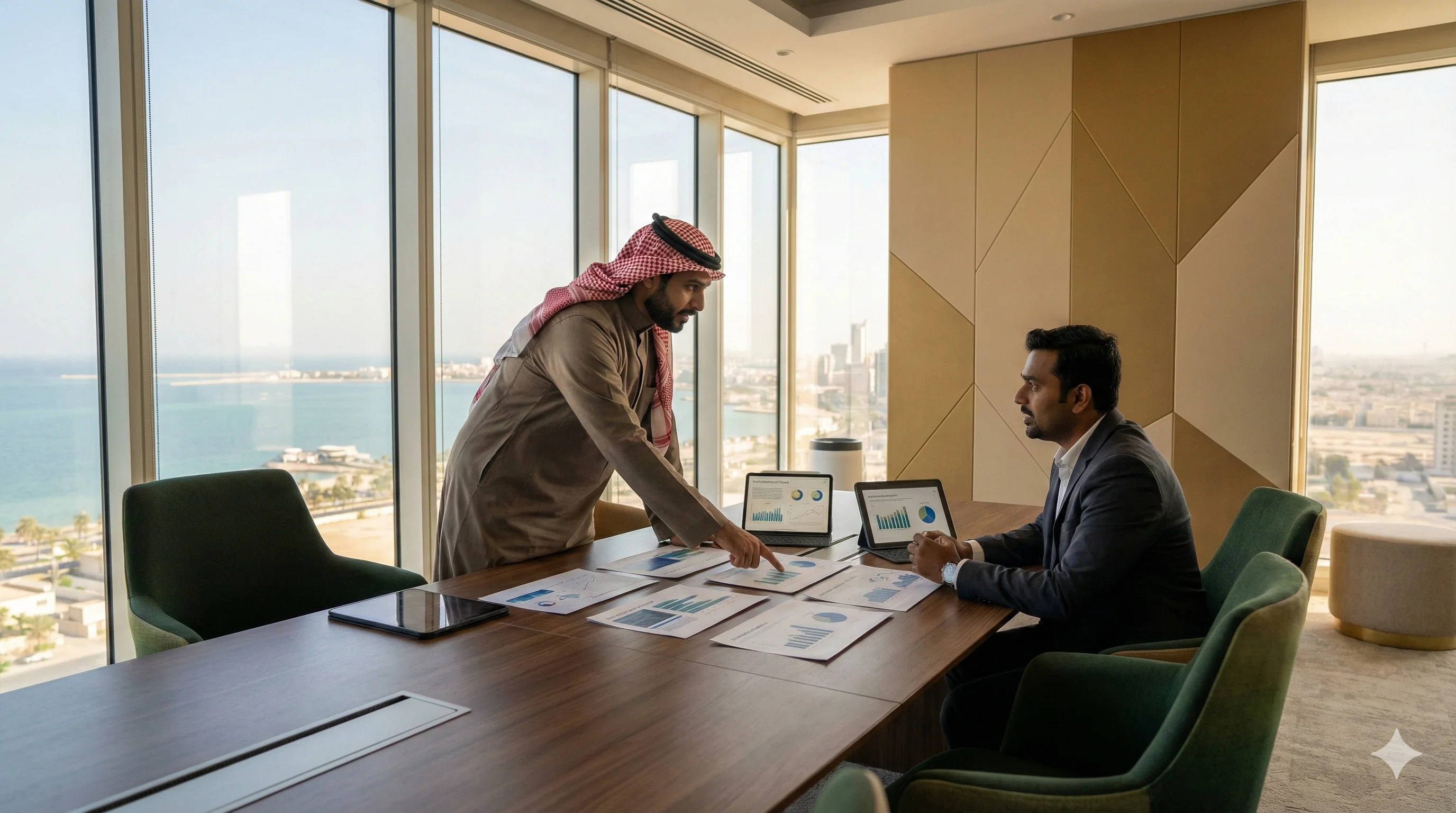 Corporate team analyzing digital marketing analytics performance reports inside a modern Dammam business office
