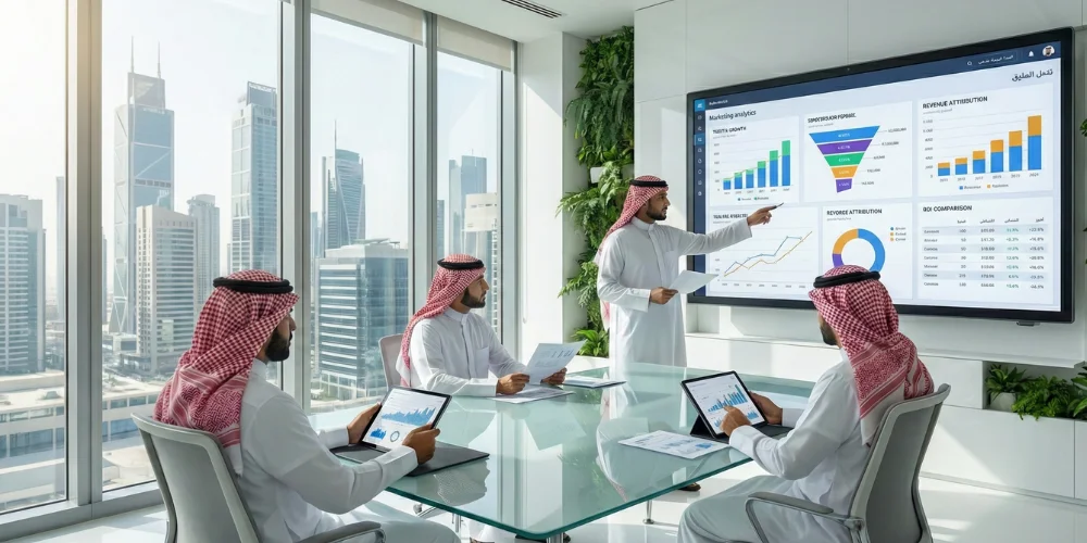 Executives discussing digital marketing analytics strategy in modern Mecca office