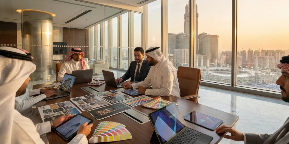 Saudi business team developing brand strategy for growth in Mecca