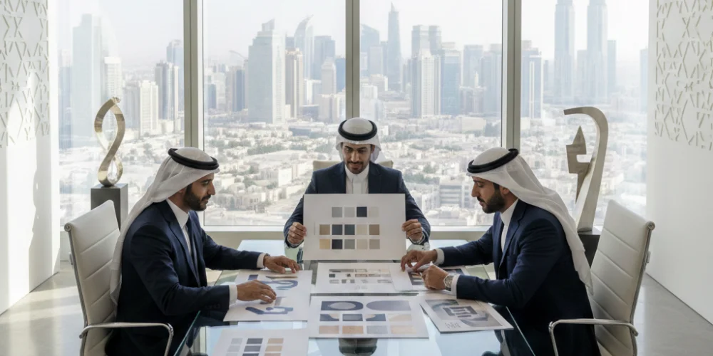 Business leaders evaluating branding agency proposals in Mecca