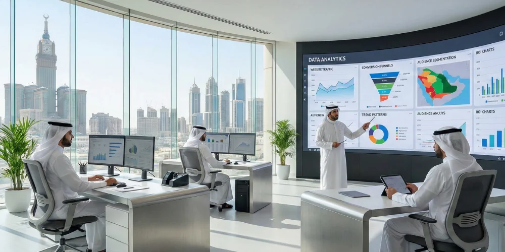 Digital marketing analytics professionals analyzing campaign data in modern Mecca office
