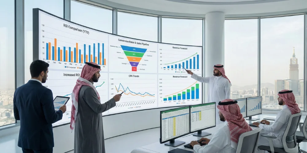 Business team in Mecca analyzing marketing ROI reports and performance dashboards