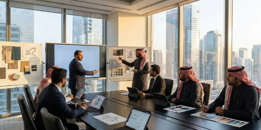 Saudi business professionals planning brand strategy in Medina office
