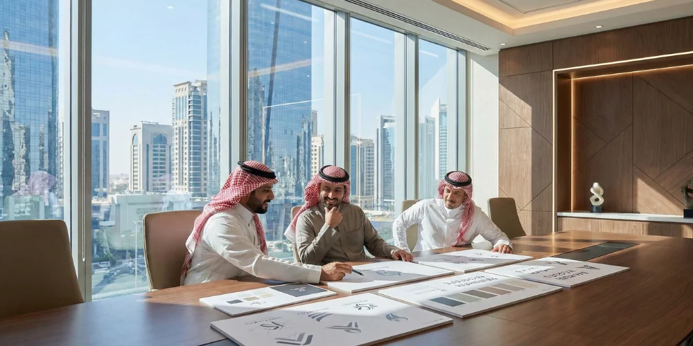 Male Saudi executives evaluating branding concepts in a modern Medina office