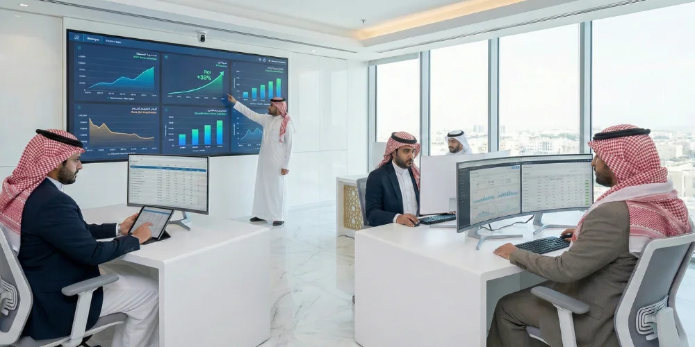 Digital marketing analysts in Medina reviewing ROI performance dashboards and campaign data metrics