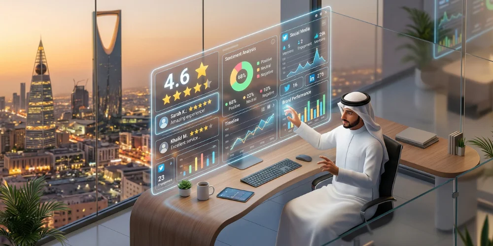 digital illustration showing businesses in Saudi Arabia monitoring online reputation, reviews, and search visibility