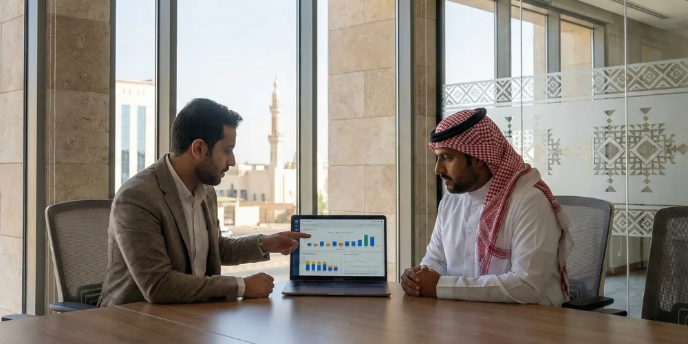 Business consultation with paid marketing agency in Tabuk discussing advertising strategy
