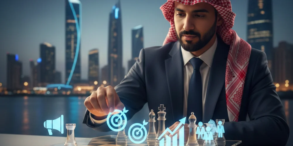 Business team discussing paid marketing strategy with a paid marketing agency in Khobar