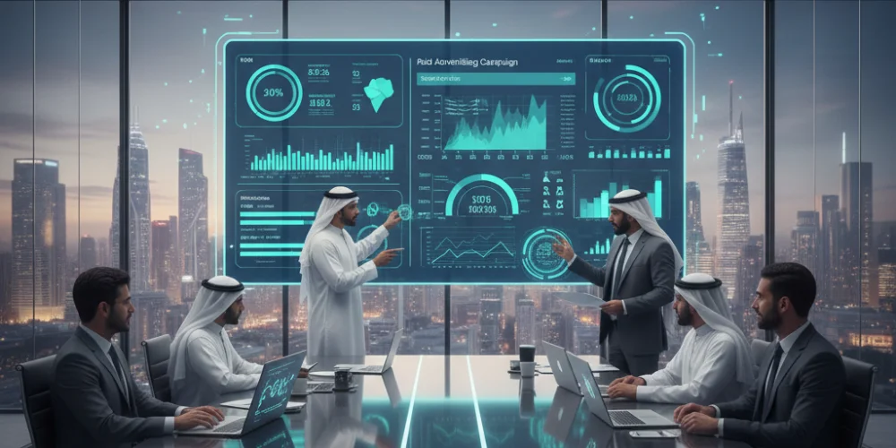 Riyadh business team reviewing paid marketing campaign performance data