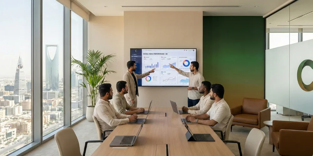 Riyadh digital marketing team reviewing social media growth analytics dashboard
