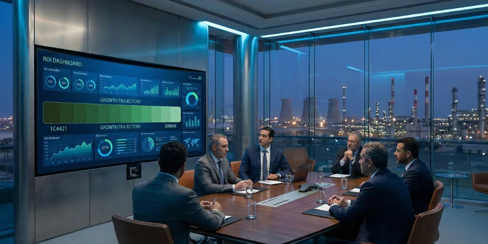Business team in Jubail reviewing digital marketing ROI performance dashboard