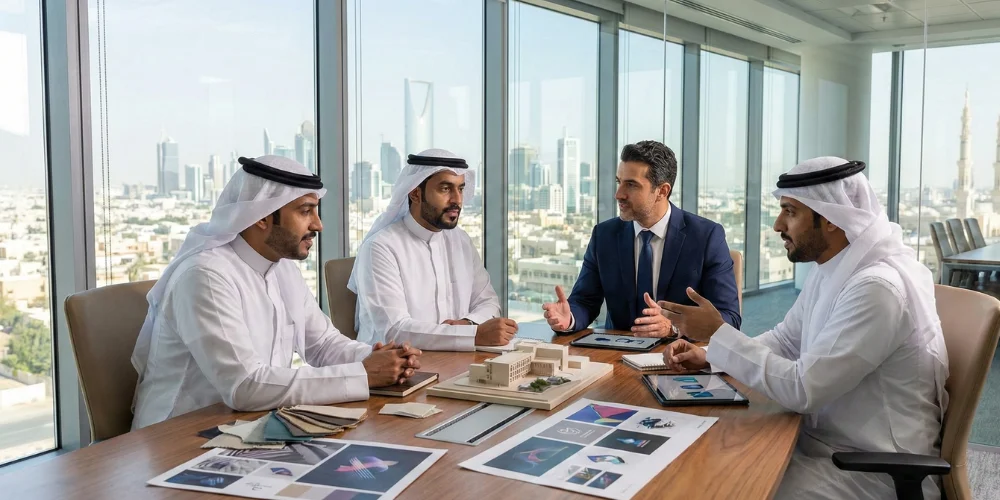 Saudi branding team collaborating on brand strategy in modern setting