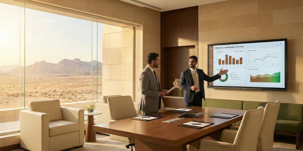 Tabuk business executives evaluating digital marketing analytics provider reports