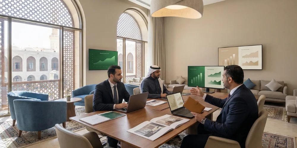 Business executives evaluating digital marketing analytics provider in Medina office