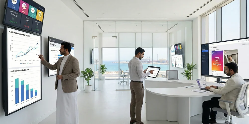 Social media marketing agency team in Yanbu planning content and campaign strategy