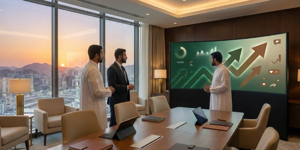 Digital marketing team analyzing social media growth strategy in Mecca