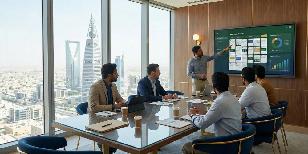 Riyadh marketing team planning social media campaign strategy in modern office